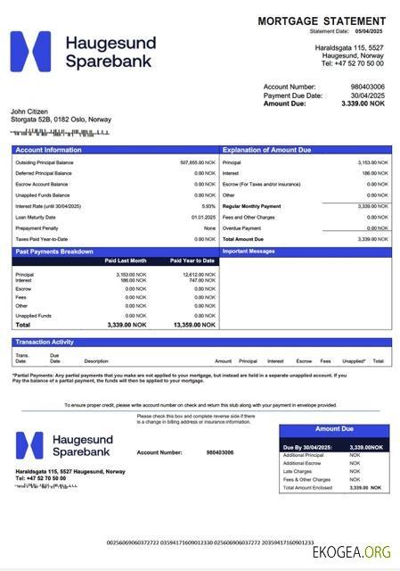 Norvège Haugesund Sparebank relevé hypothécaire Modèle Word et PDF